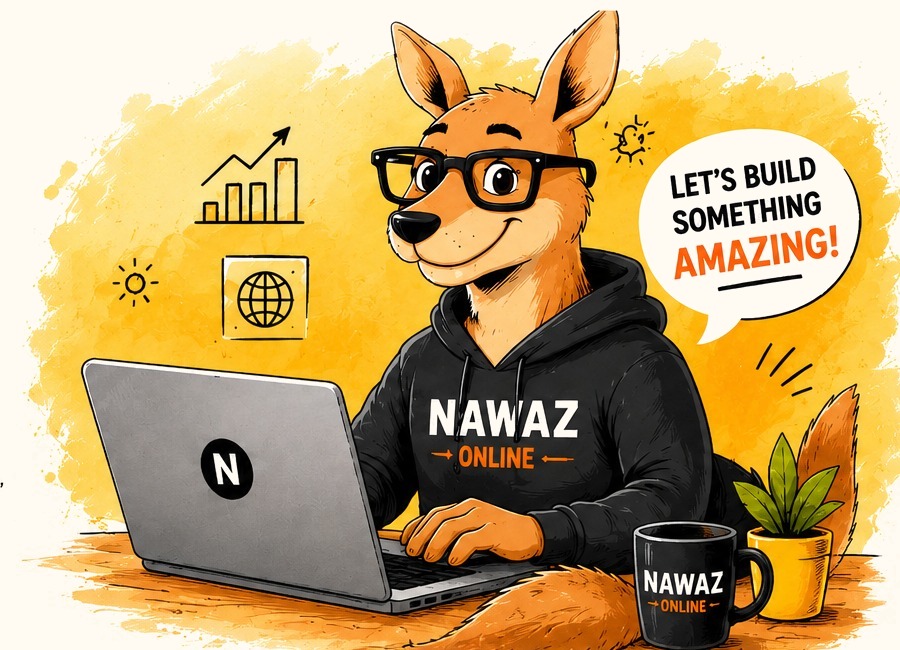 Nawaz Online kangaroo mascot working on laptop